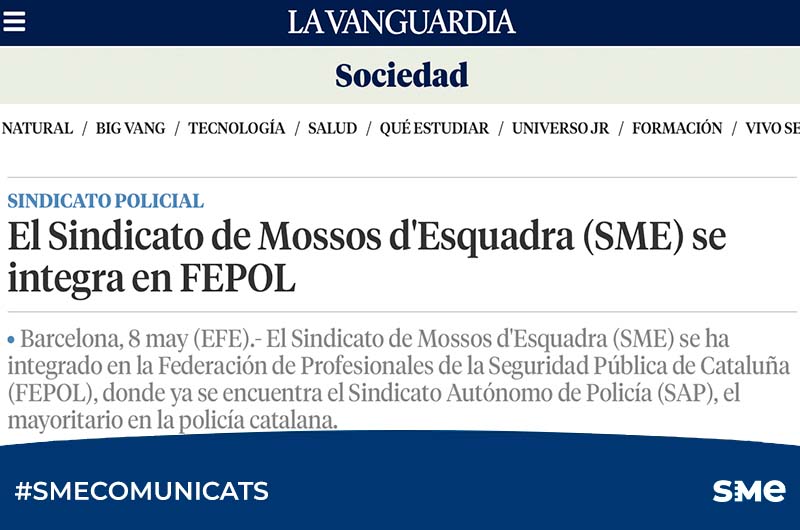 La Vanguardia: El sindicat de Mossos d’Esquadra (SME) s’integra a FEPOL