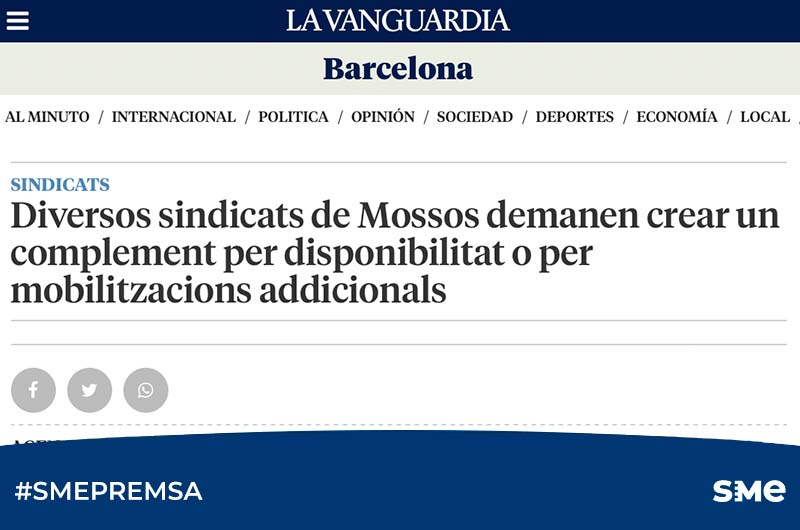 La Vanguardia: Diversos sindicats de mossos demanen crear un complement per disponibilitat o per mobilitzacions addicionals